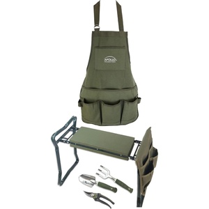 image:imageApollo Tools 6 Piece Garden Set with Foldable Seat Adjustable to Kneeler Position Washable Green Apron with Deep Pockets and 3 Quality Garden Tools Trowel Pruner and Rake  Green  DT3798