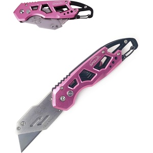 image:imageApollo Tools Foldable Utility Knife with Lightweight Steel Construction Carabiner Clip Quick Blade Change Technology Lock Feature Accommodates Standard Blades  Black  DT5017Pink