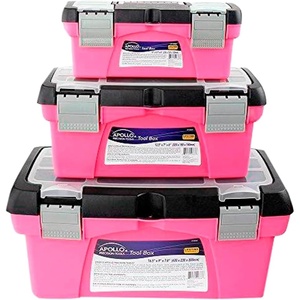 image:imageApollo Tools Set of 3 Stackable Tool Boxes with Top Compartment and Removable Trays for Crafts Tool Storage  Pink Ribbon  DT5005P